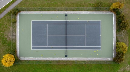Aerial view of outdoor tennis court with scattered yellow balls. Clean geometric lines, green surroundings and symmetrical layout captured from above. Sports facility and training concept