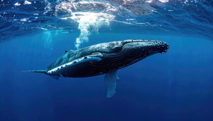 Naklejka premium Majestic Humpback Whale Swimming Underwater: Ocean Wildlife Photography - A Mother and Calf Bond in the Deep Blue Sea