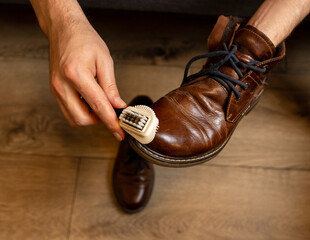 Cleaning Brown Leather Shoes with Brush – Footwear Care, Shoe Maintenance and Polishing at Home, Mens Style and Grooming Concept