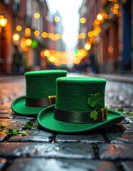St. Patrick's Day Celebration: Two Green Top Hats with Shamrock Detail on a Cobblestone Street - Festive Irish Holiday