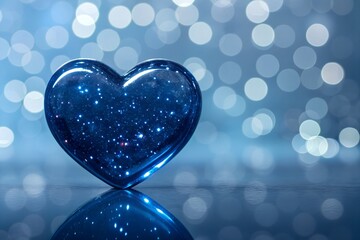 Blue glass heart on a sparkling bokeh background symbolizing love, romance and emotion. Elegant abstract image perfect for Valentine&rsquo;s Day, relationships, weddings and luxury design concepts.