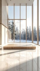 Minimalist Interior with Large Windows Overlooking Snowy Forest - Modern Architecture and Natural Light
