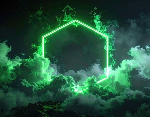 Neon Hexagon Frame with Green Smoke - Abstract Digital Art Background for Gaming, Technology, or Futuristic Concepts