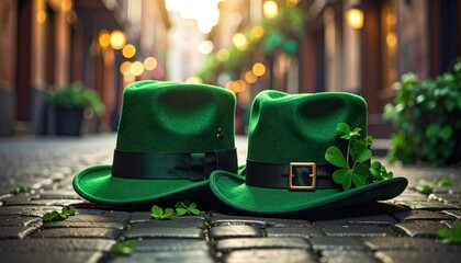 St. Patrick's Day Luck: Two Green Hats & Clover on Cobblestone Street - Irish Celebration & Festive Tradition