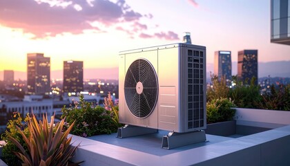 Modern HVAC Unit Rooftop View at Sunset: Energy Efficiency, Cityscape, and Sustainable Cooling