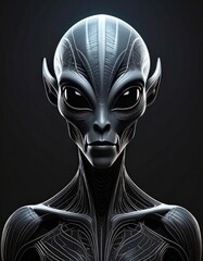 Striking Portrait of a Grey Alien: Detailed, Realistic Sci-Fi Illustration - Extraterrestrial Life and Mysterious Beings