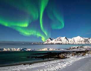 Spectacular Northern Lights Display Over Snowy Mountains and Ocean - Aurora Borealis in Winter Landscape