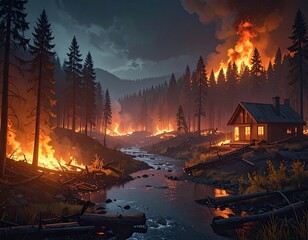 Wildfire Threatens Cozy Cabin in Forest - Dramatic Landscape with Burning Trees and River, Environmental Disaster Scene