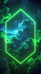 Neon Hexagon Frame Over Dramatic Sky - Abstract Digital Art, Futuristic Design, Vibrant Green Glow, Atmospheric Cloudscape