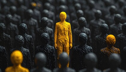 Standing Out From The Crowd: A Golden Figure Amongst Silhouettes - Concept of Individuality and Uniqueness