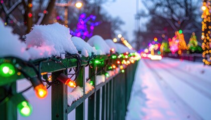 Winter Holiday Lights: Snowy Railing with Colorful Bulbs - Festive Christmas Scene, Warm Glow, Seasonal Decorations