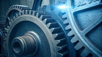 Extreme close-up of interlocking steel-blue gears with brushed metal texture and an icy-blue glow at the contact point, creating a sharp, high-tech industrial look with strong contrast and depth
