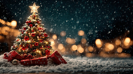 Festive decorated Christmas tree with presents in snowy outdoor setting at night.