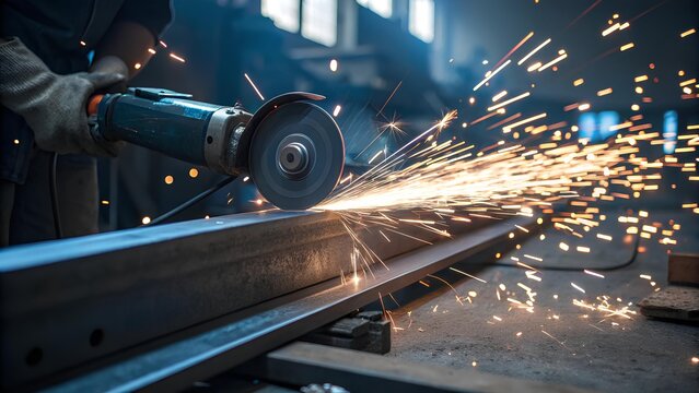 Dynamic close-up of an angle grinder cutting steel, blasting cool blue-white sparks as the disc carves glowing abrasion marks, creating a crisp, intense industrial atmosphere
- Powered by Adobe