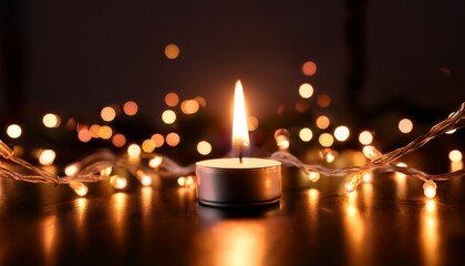 a single lit candle with a golden flame surrounded by blurred fairy lights casting a warm glow on a dark surface
