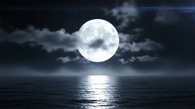 A surreal vertical full moon hangs over a calm ocean at night with a dreamy reflection