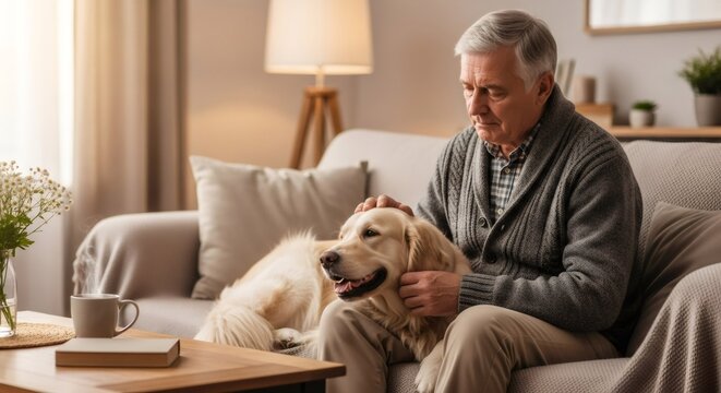 Senior man petting golden retriever dog on sofa. Home comfort and pet therapy concept for elderly health and emotional support.