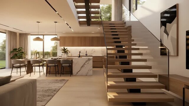 Contemporary Open Concept Living Room and Kitchen with a Stylish Floating Staircase and Natural Light