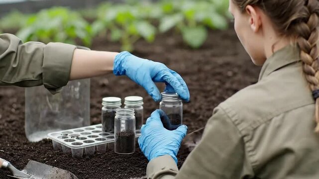 Scientist Examining Soil Samples in Greenhouse Environment Inspiring Future Agricultural Innovation and Sustainable Farming Practices for Climate Change Research