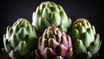 Fototapeta premium artichoke display a close up studio shot reveals an eye level perspective of five vibrant artichokes meticulously arranged to showcase the natural texture and hues of these botanical treasures