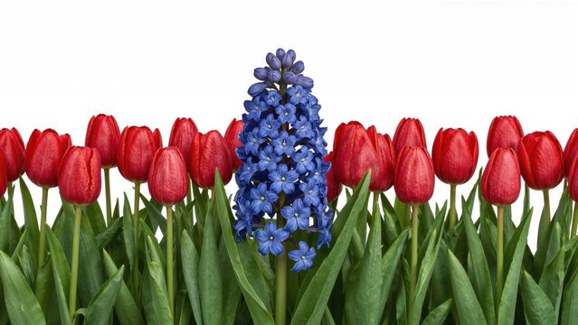 Red tulips and a blue hyacinth flower in a garden. Bright springtime flowers, nature, and floral arrangement. Colorful blooming plants. The concept of spring blossoms and garden flora.