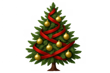 Christmas tree decorating with golden ornaments and red ribbon, celebrating festive winter holiday season on transparent background