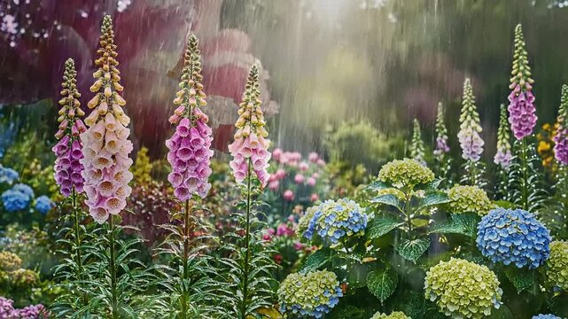 Vibrant blooming flower garden with digitalis and hydrangeas in gentle rain shower