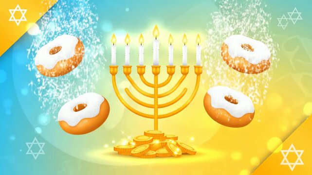 Festive Animated Hanukkah Greeting with Menorah, Dreidels, and Sufganiyot on a Blue and Yellow Background