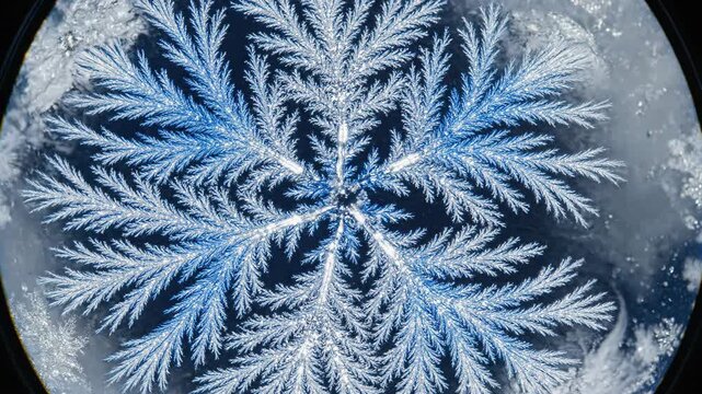 Intricate ice crystals forming delicate fractal patterns in a supercooled liquid, showcasing natural artistry and geometric precision.