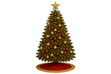 Evergreen tree decorated with red and gold ornaments, string lights, and a golden star on top, sitting on a red tree skirt