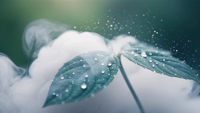 Water Droplets on Green Leaf Surrounded by Misty Background