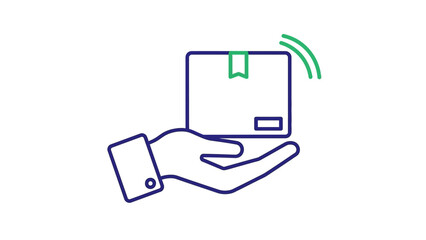 Vector icon of a hand holding a smart package with wireless signals, representing digital delivery tracking and efficient modern logistics for e-commerce and global supply chain solutions