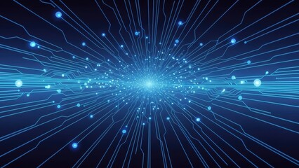 Vibrant blue circuit board with glowing lines and dots radiating outward