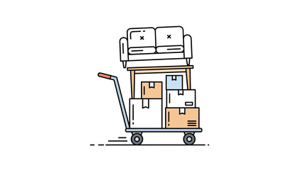 Vector illustration showing a hand truck with stacked moving boxes and a sofa, representing efficient household relocation, furniture delivery, and streamlined moving processes