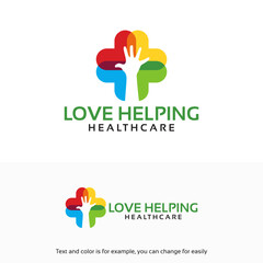 Obraz premium Love Helping Healthcare Logo with Colorful Cross and Hand Symbol.