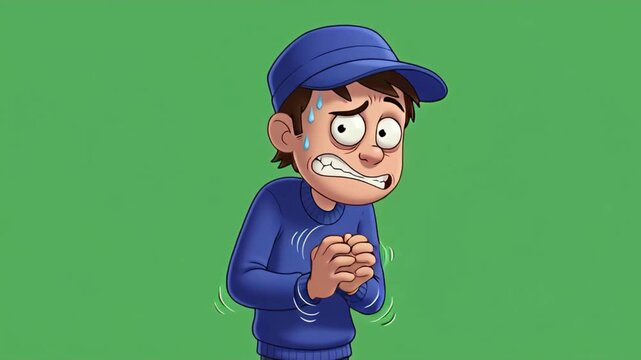 A male cartoon character feeling nervous and shivering in fear or cold on a green screen background