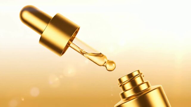 A luxurious golden cosmetic dropper with a single drop of essential oil or serum falling in slow motion.