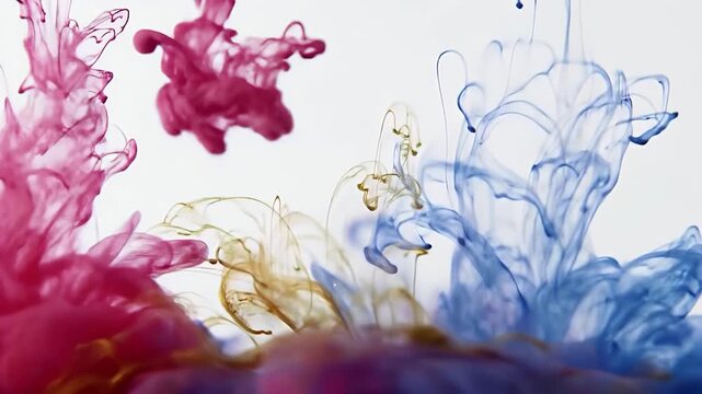 Abstract art of colorful ink dissolving in water creating dynamic vibrant blue pink yellow color contrast
