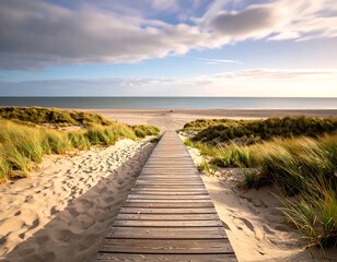 Wooden path leads to a sunny beach, framed by dunes and grasses under a partly cloudy sky