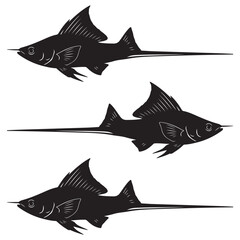 Silhouette illustration of three swordtail fish swimming side by side