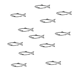 School of Small Silver Fish Swimming in Formation, Simplified Illustration