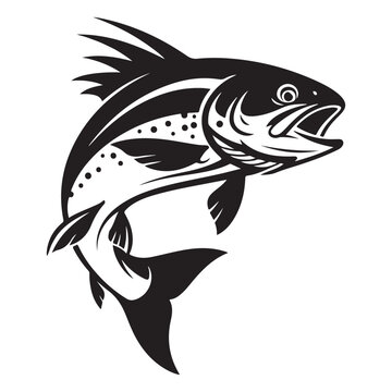 Jumping Trout Fish Icon - Black and White Vector Illustration