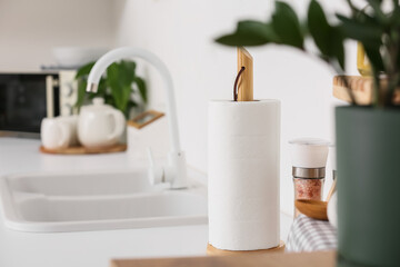 Roll of paper towels near sink on counter in kitchen, closeup