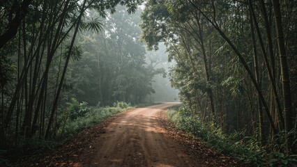 Fototapeta premium A dirt road in a dense forest with tall trees and lush greenery, creating a peaceful natural scene.