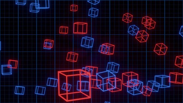 80's graphic style and space red and blue retro wireframe game cubes moving around on a grid background making nice playful math or technology related animation. 