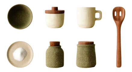 Simple Artisan Kitchen Set of Ceramic Bowls and Wooden Spoon on Transparent Background