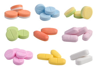 Collection of different antibiotic pills and tablets isolated on white background