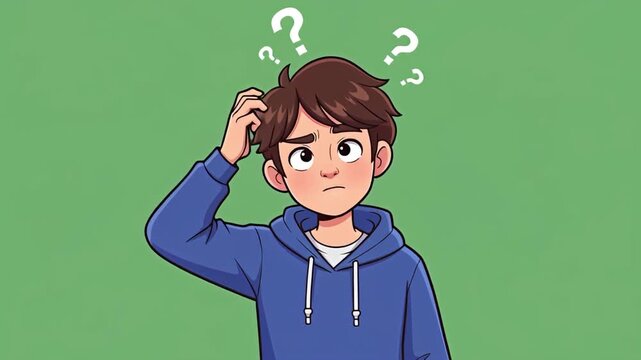 Young boy animated cartoon character feeling confused scratching his head and question marks pop up over his head loop clip