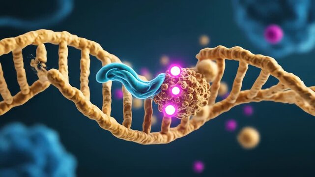 Conceptual 3D animation of molecular biology showing gene editing technology with a protein enzyme targeting a DNA helix