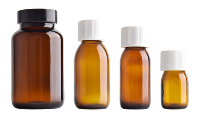 Set of different brown glass medicine bottles isolated on a white background.